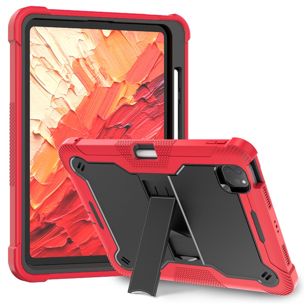 For iPad Pro 11 (2025) / 11 (2024) Case Hard PC and Soft Silicone Tablet Cover with Bracket Kickstand - Red+Black