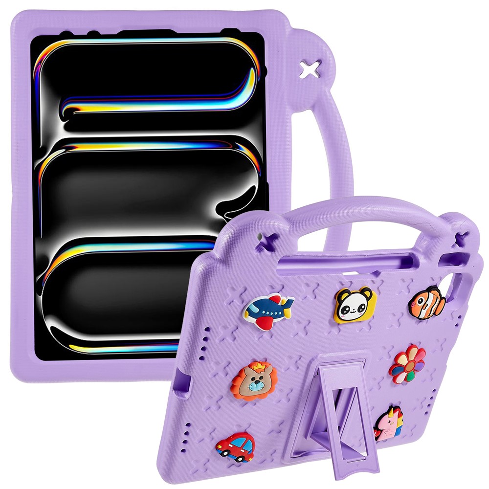 For iPad Pro 11 (2025) / 11 (2024) Case Cartoon Patterns Hand Grip Kickstand Tablet EVA Cover - Purple