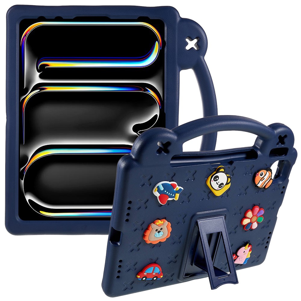 For iPad Pro 11 (2025) / 11 (2024) Case Cartoon Patterns Hand Grip Kickstand Tablet EVA Cover - Navy Blue