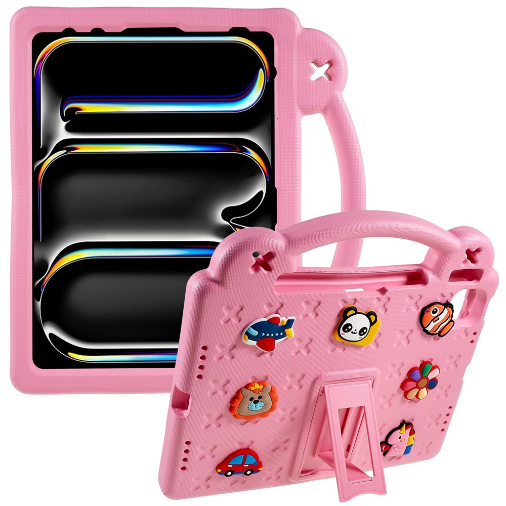 For iPad Pro 11 (2025) / 11 (2024) Case Cartoon Patterns Hand Grip Kickstand Tablet EVA Cover - Pink