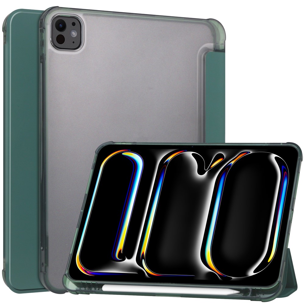 For iPad Pro 11 (2025) / 11 (2024) Case Leather Tri-fold Stand Tablet Cover with Pencil Holder - Blackish Green