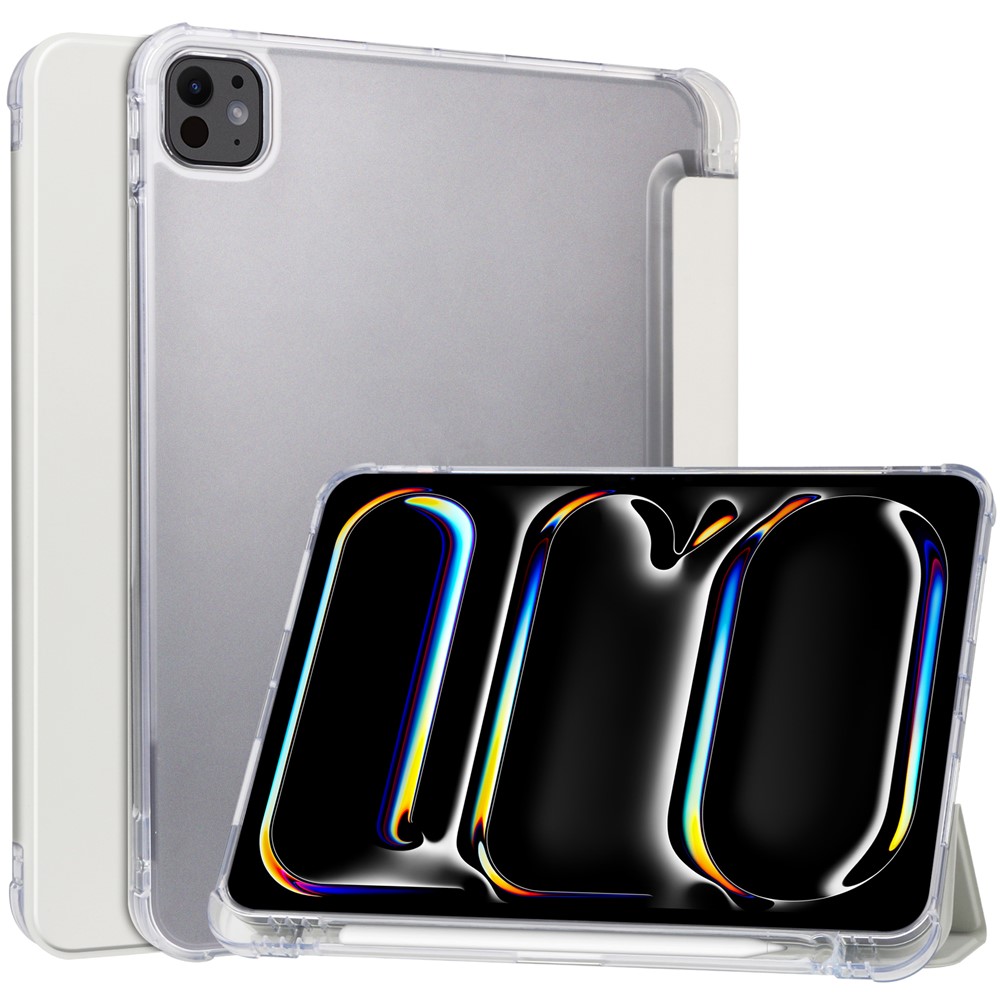 For iPad Pro 11 (2025) / 11 (2024) Case Leather Tri-fold Stand Tablet Cover with Pencil Holder - Grey