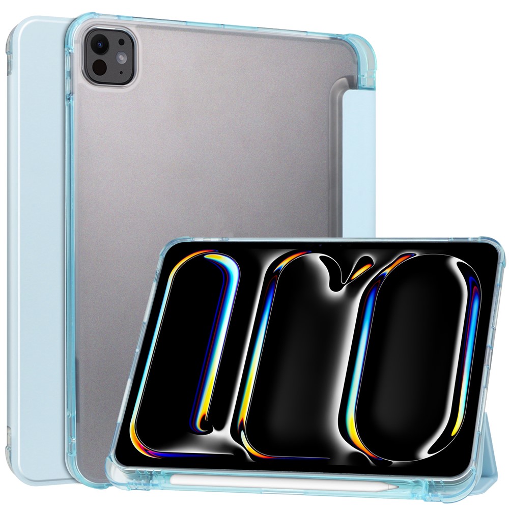 For iPad Pro 11 (2025) / 11 (2024) Case Leather Tri-fold Stand Tablet Cover with Pencil Holder - Sky Blue