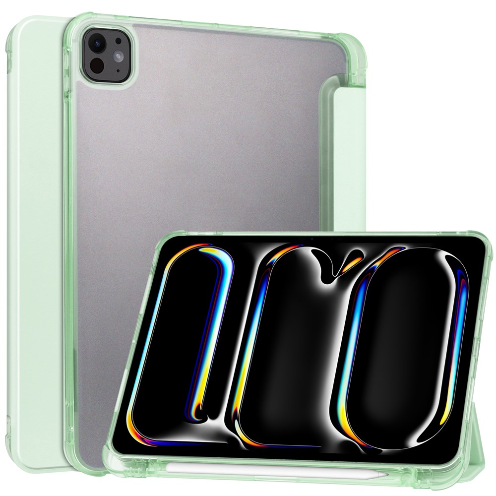 For iPad Pro 11 (2025) / 11 (2024) Case Leather Tri-fold Stand Tablet Cover with Pencil Holder - Mint Green