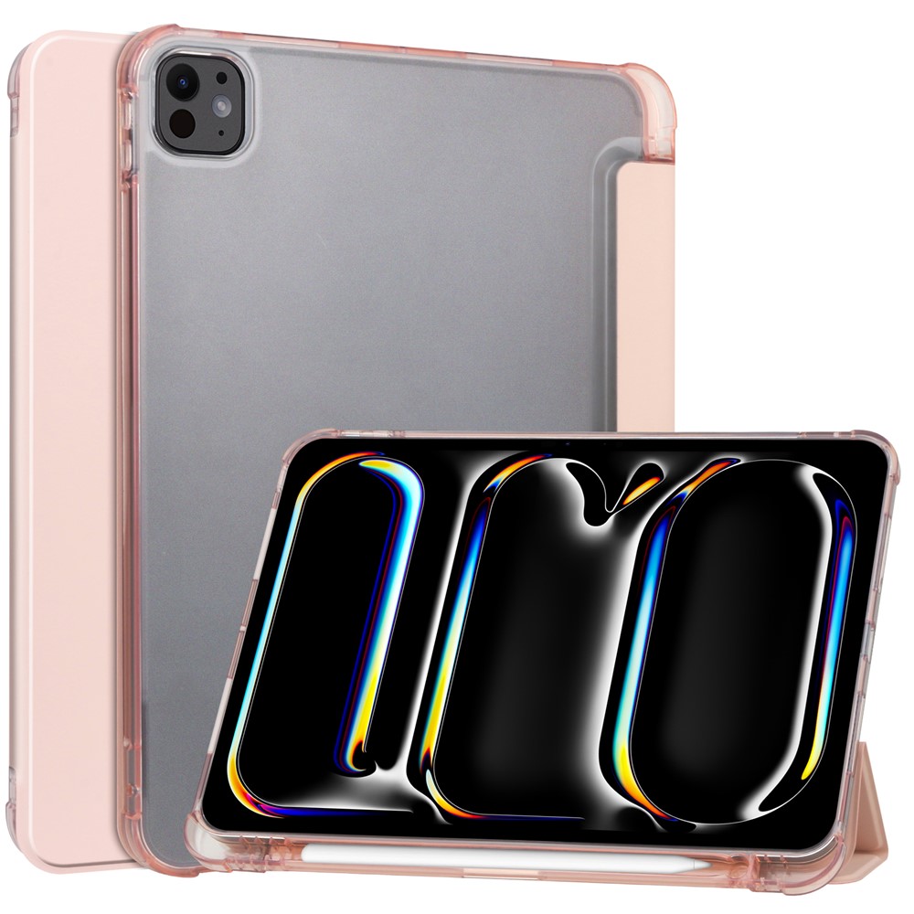 For iPad Pro 11 (2025) / 11 (2024) Case Leather Tri-fold Stand Tablet Cover with Pencil Holder - Rose Gold
