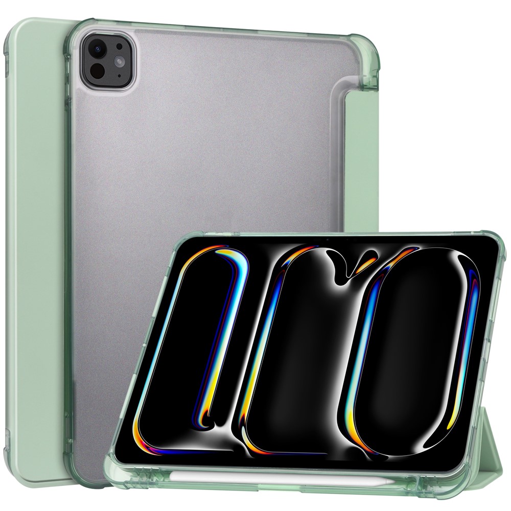 For iPad Pro 11 (2025) / 11 (2024) Case Leather Tri-fold Stand Tablet Cover with Pencil Holder - Green