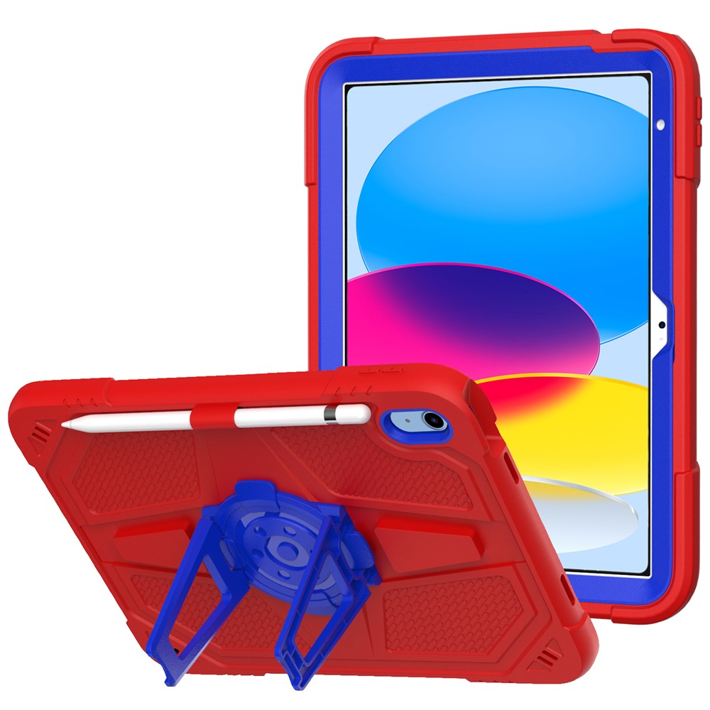 For iPad (2025) / 10.9 (2022) Kickstand Case Shockproof PC + Silicone Tablet Cover with Pen Slot - Red / Blue