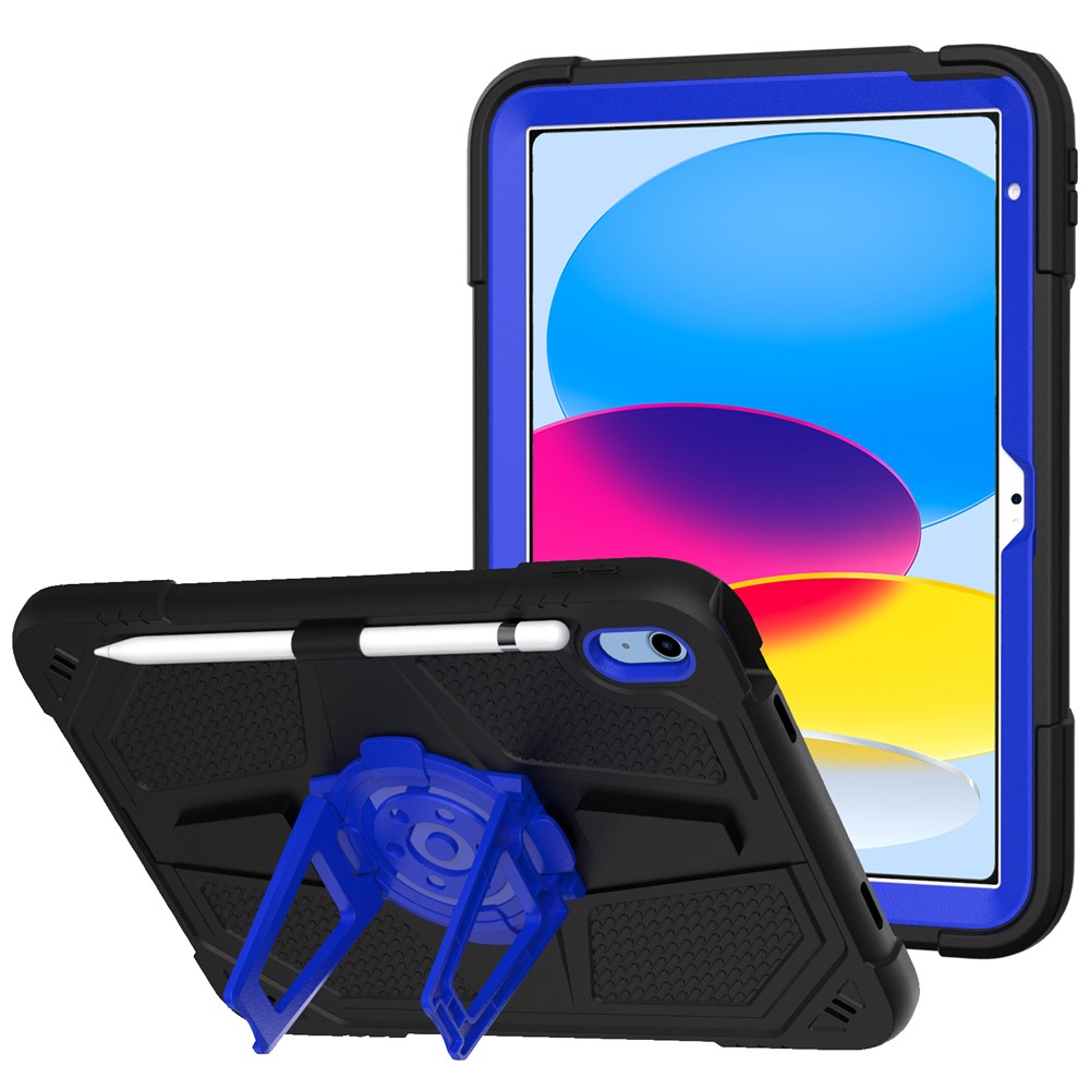 For iPad (2025) / 10.9 (2022) Kickstand Case Shockproof PC + Silicone Tablet Cover with Pen Slot - Black / Blue