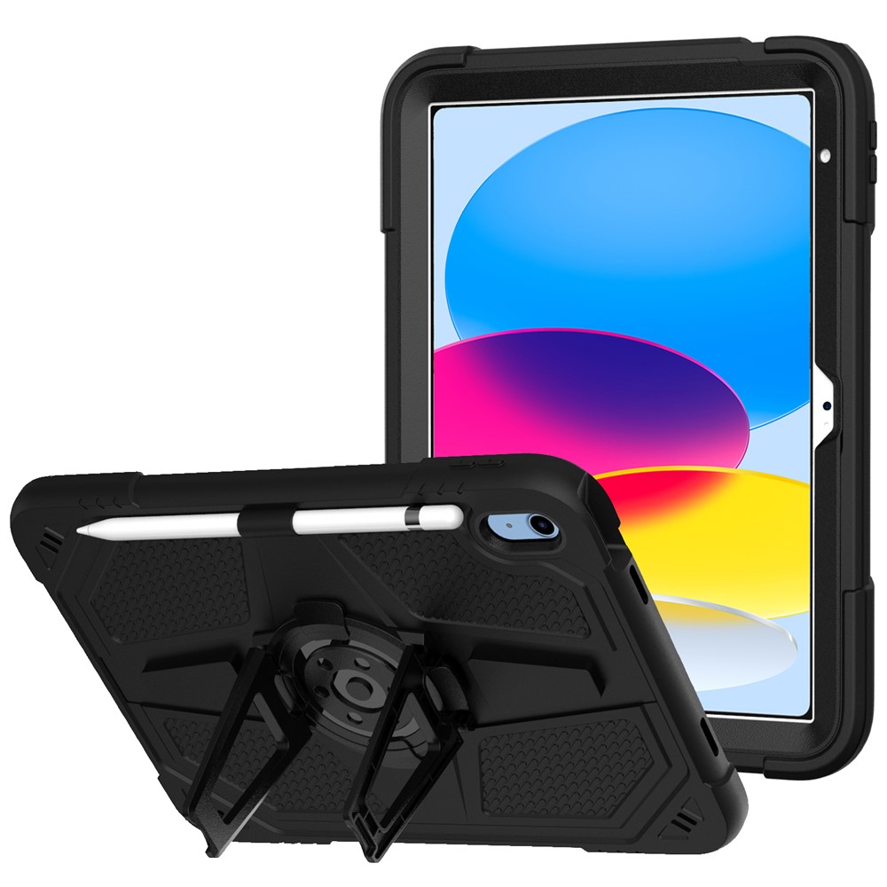 For iPad (2025) / 10.9 (2022) Kickstand Case Shockproof PC + Silicone Tablet Cover with Pen Slot - Black