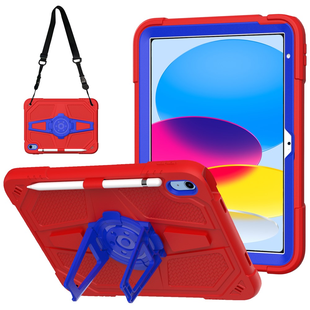 For iPad (2025) / 10.9 (2022) Case Punk Kickstand PC + Silicone Tablet Cover with Shoulder Strap - Red / Blue