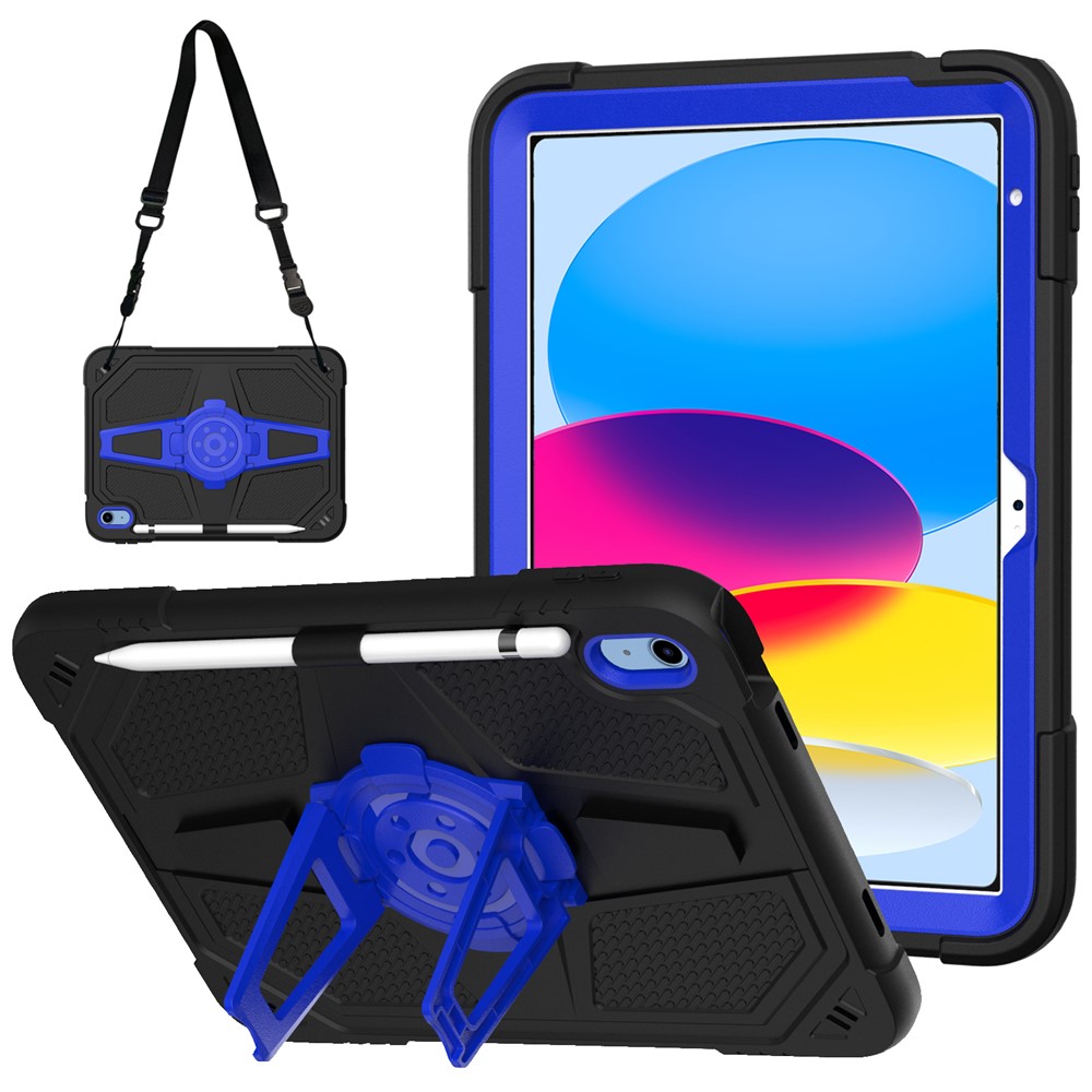 For iPad (2025) / 10.9 (2022) Case Punk Kickstand PC + Silicone Tablet Cover with Shoulder Strap - Black / Blue