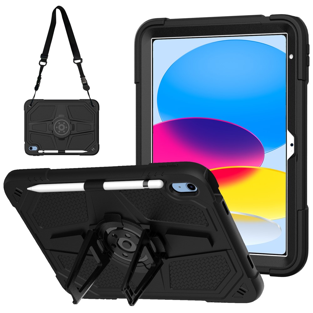 For iPad (2025) / 10.9 (2022) Case Punk Kickstand PC + Silicone Tablet Cover with Shoulder Strap - Black