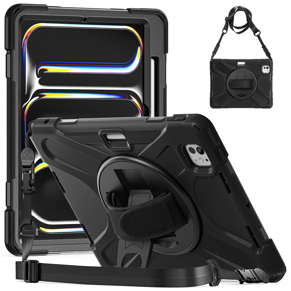 For iPad Pro 11 (2025) / 11 (2024) Case PC+Silicone Kickstand Tablet Cover with Hand Strap and Shoulder Strap - Black