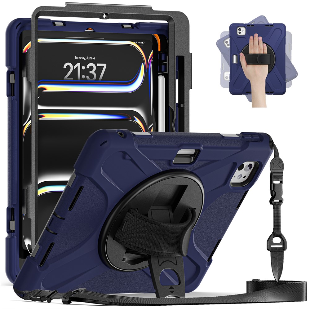 For iPad Pro 11 (2025) / 11 (2024) Case PC+Silicone Kickstand Tablet Cover with Hand Strap and Shoulder Strap - Navy Blue