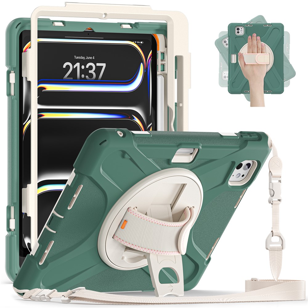 For iPad Pro 11 (2025) / 11 (2024) Case PC+Silicone Kickstand Tablet Cover with Hand Strap and Shoulder Strap - Emerald Green