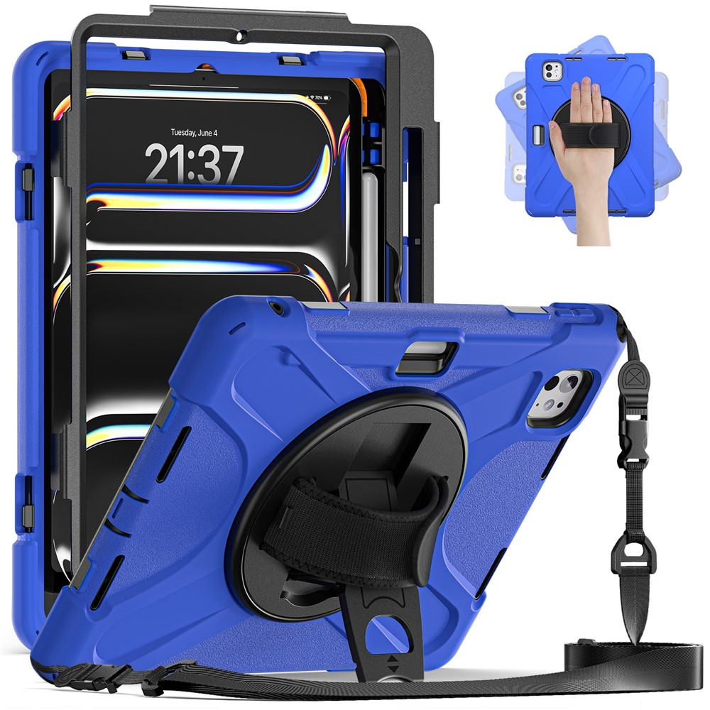 For iPad Pro 11 (2025) / 11 (2024) Case PC+Silicone Kickstand Tablet Cover with Hand Strap and Shoulder Strap - Blue