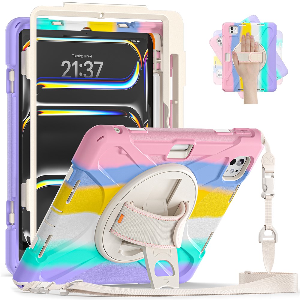 For iPad Pro 11 (2025) / 11 (2024) Case PC+Silicone Kickstand Tablet Cover with Hand Strap and Shoulder Strap - Colorful Pink