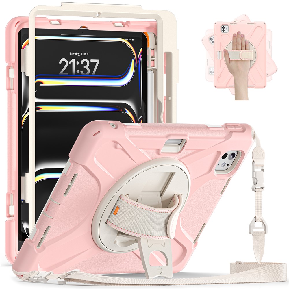 For iPad Pro 11 (2025) / 11 (2024) Case PC+Silicone Kickstand Tablet Cover with Hand Strap and Shoulder Strap - Pink