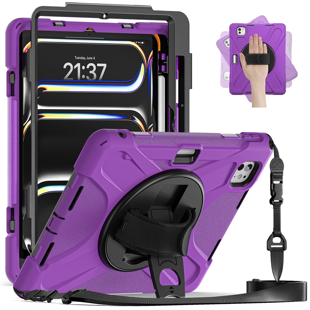 For iPad Pro 11 (2025) / 11 (2024) Case PC+Silicone Kickstand Tablet Cover with Hand Strap and Shoulder Strap - Purple