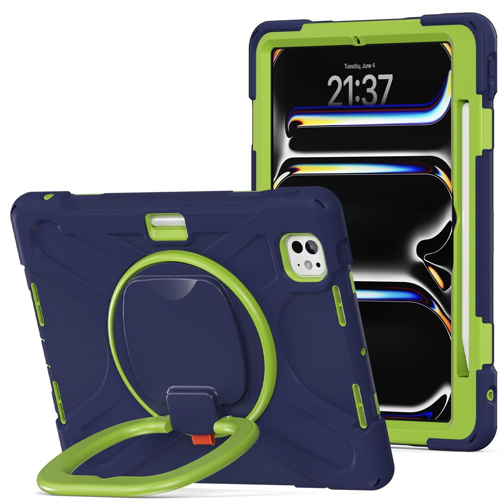 For iPad Pro 11 (2025) / 11 (2024) Shockproof Case Rotating Kickstand TPU+PC+Silicone Tablet Cover - Navy Blue+Yellowgreen
