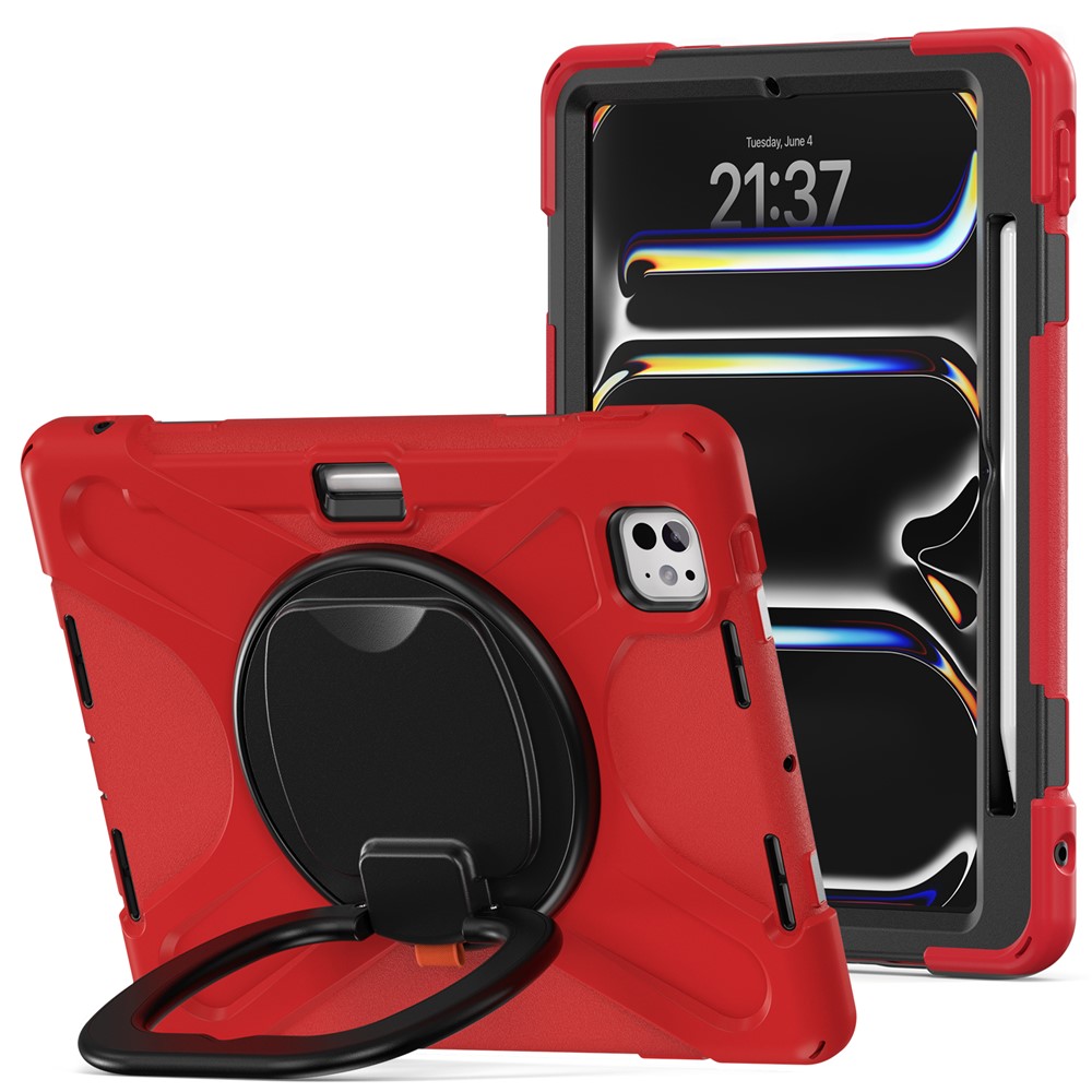 For iPad Pro 11 (2025) / 11 (2024) Shockproof Case Rotating Kickstand TPU+PC+Silicone Tablet Cover - Red+Black