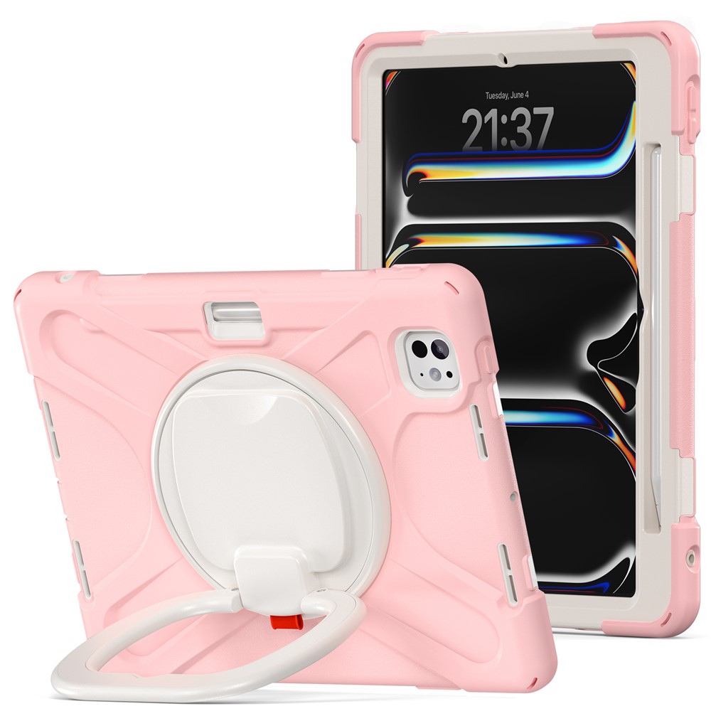 For iPad Pro 11 (2025) / 11 (2024) Shockproof Case Rotating Kickstand TPU+PC+Silicone Tablet Cover - Pink