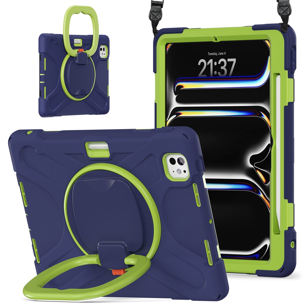 For iPad Pro 11 (2025) / 11 (2024) Case Kickstand TPU+PC+Silicone Tablet Cover with Shoulder Strap - Navy Blue+Yellowgreen