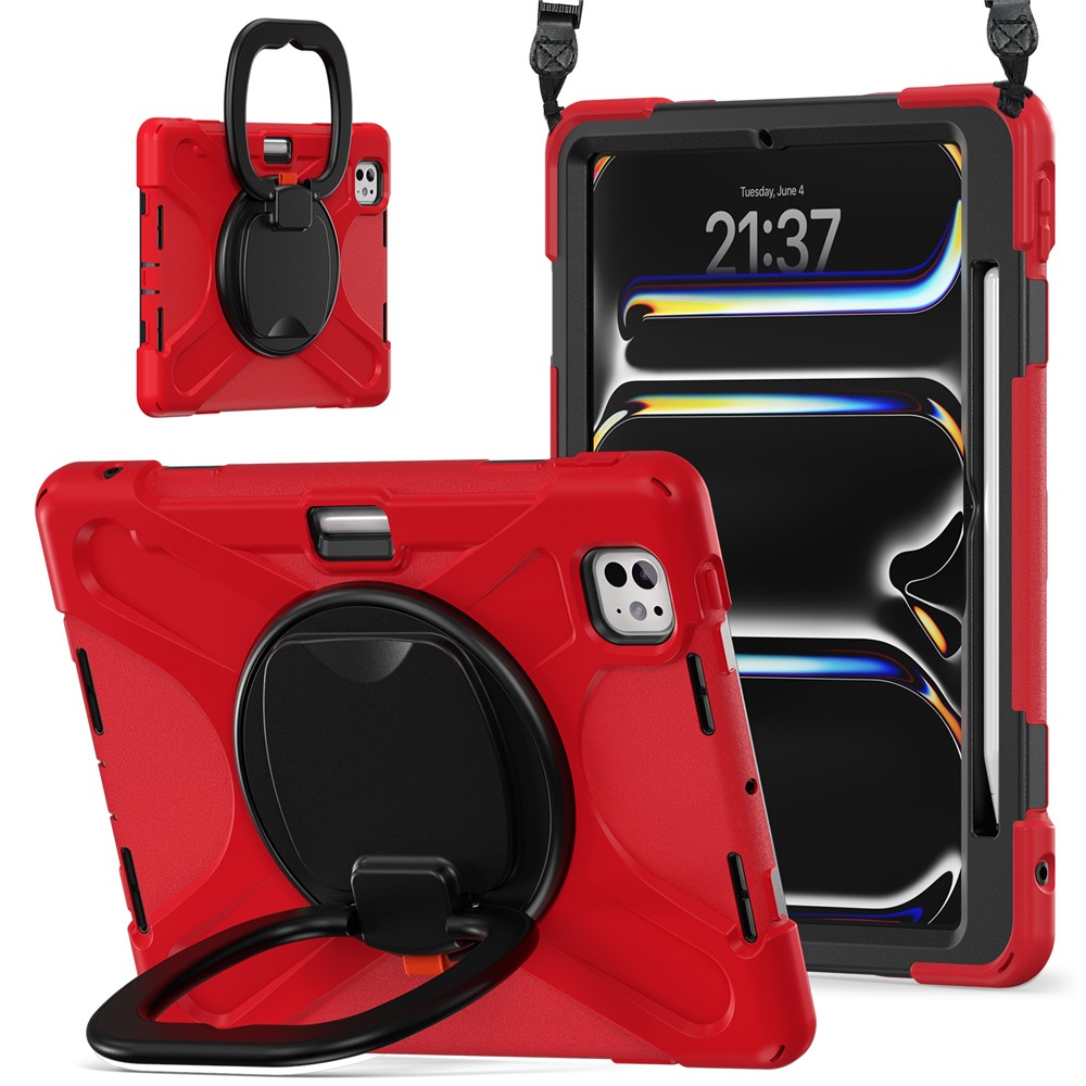 For iPad Pro 11 (2025) / 11 (2024) Case Kickstand TPU+PC+Silicone Tablet Cover with Shoulder Strap - Red+Black