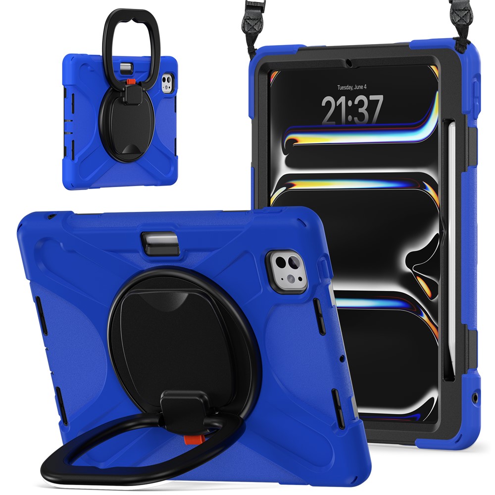 For iPad Pro 11 (2025) / 11 (2024) Case Kickstand TPU+PC+Silicone Tablet Cover with Shoulder Strap - Blue+Black