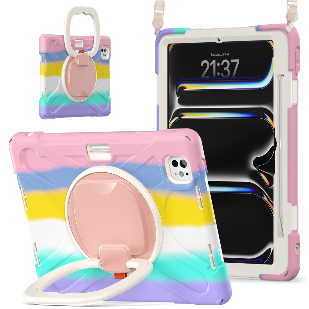 For iPad Pro 11 (2025) / 11 (2024) Case Kickstand TPU+PC+Silicone Tablet Cover with Shoulder Strap - Colorful Pink