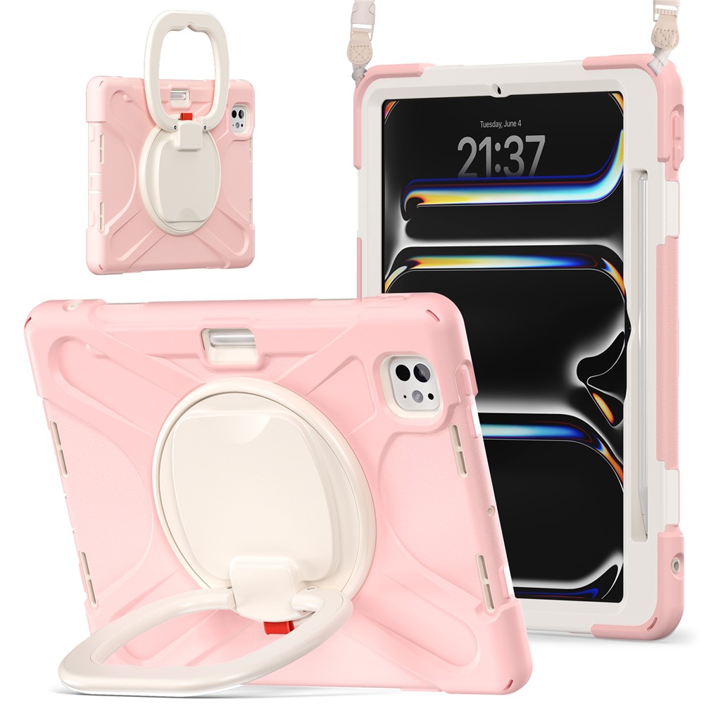 For iPad Pro 11 (2025) / 11 (2024) Case Kickstand TPU+PC+Silicone Tablet Cover with Shoulder Strap - Pink