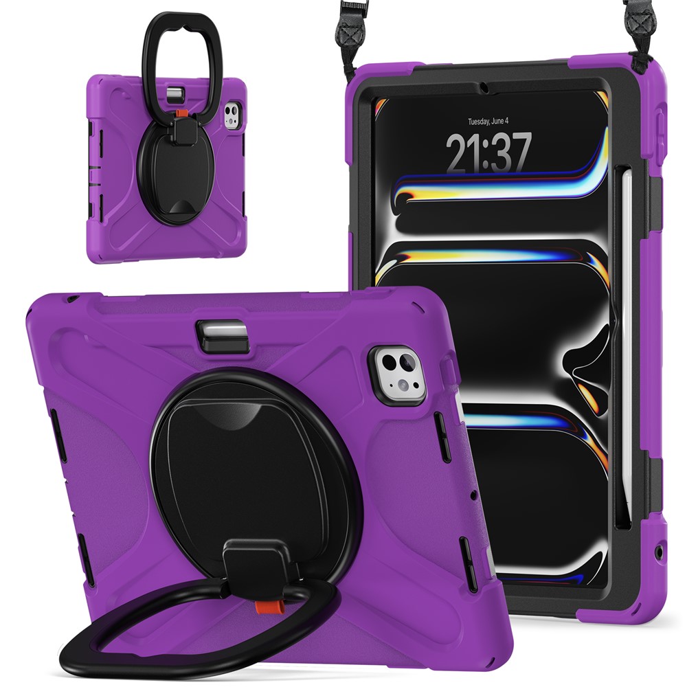 For iPad Pro 11 (2025) / 11 (2024) Case Kickstand TPU+PC+Silicone Tablet Cover with Shoulder Strap - Purple