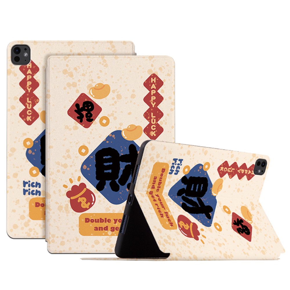 For iPad Pro 11 (2025) / 11 (2024) Case Joyous Pattern PU Leather Tablet Cover Auto Wake / Sleep - Happy Luck