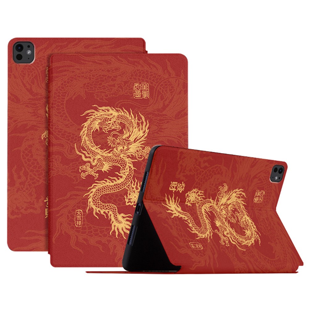 For iPad Pro 11 (2025) / 11 (2024) Case PU Leather Loong Pattern Stand Tablet Cover - All Wishes Come True