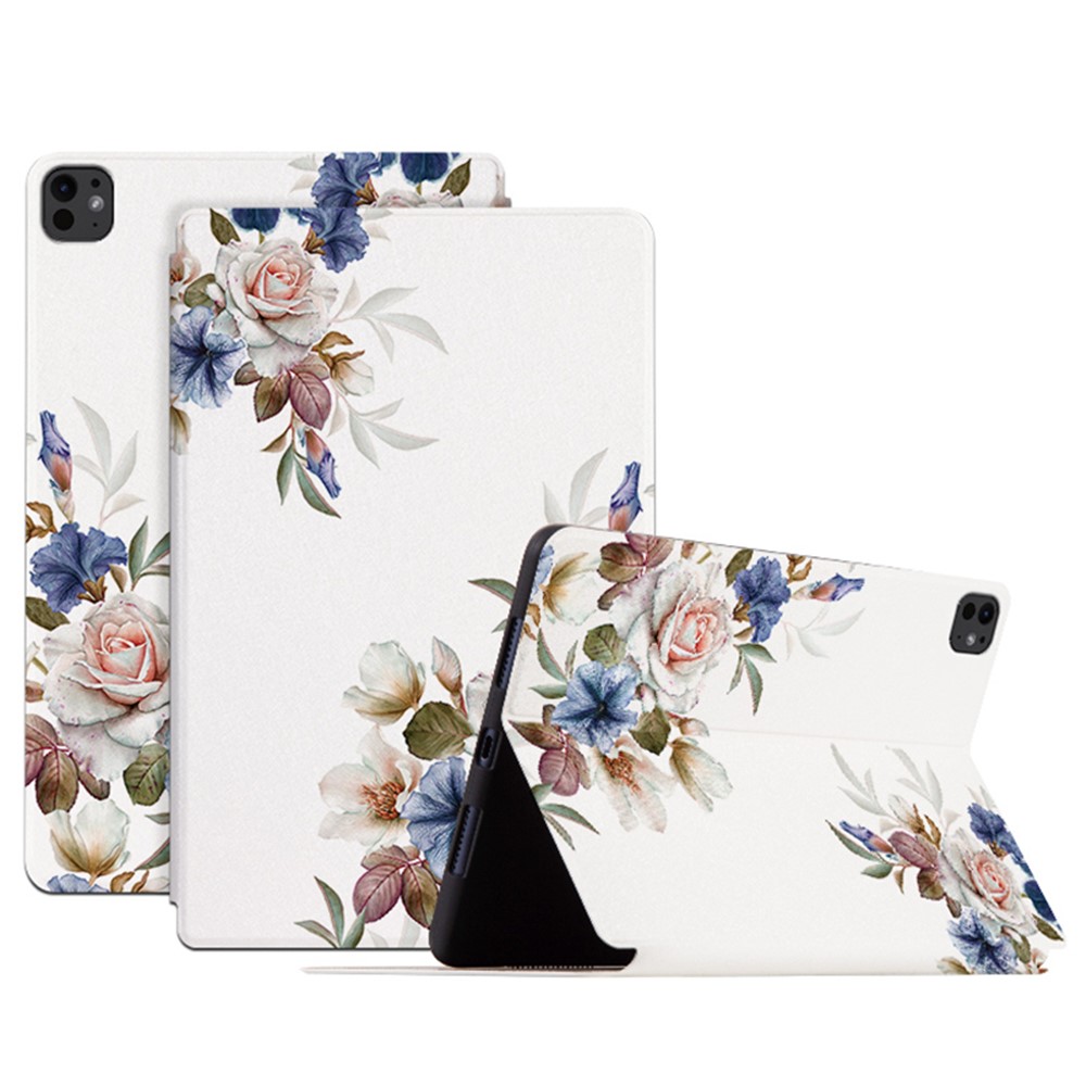 For iPad Pro 11 (2025) / 11 (2024) Case Flower Pattern Flip Stand Leather Smart Tablet Cover - White Flower Bush