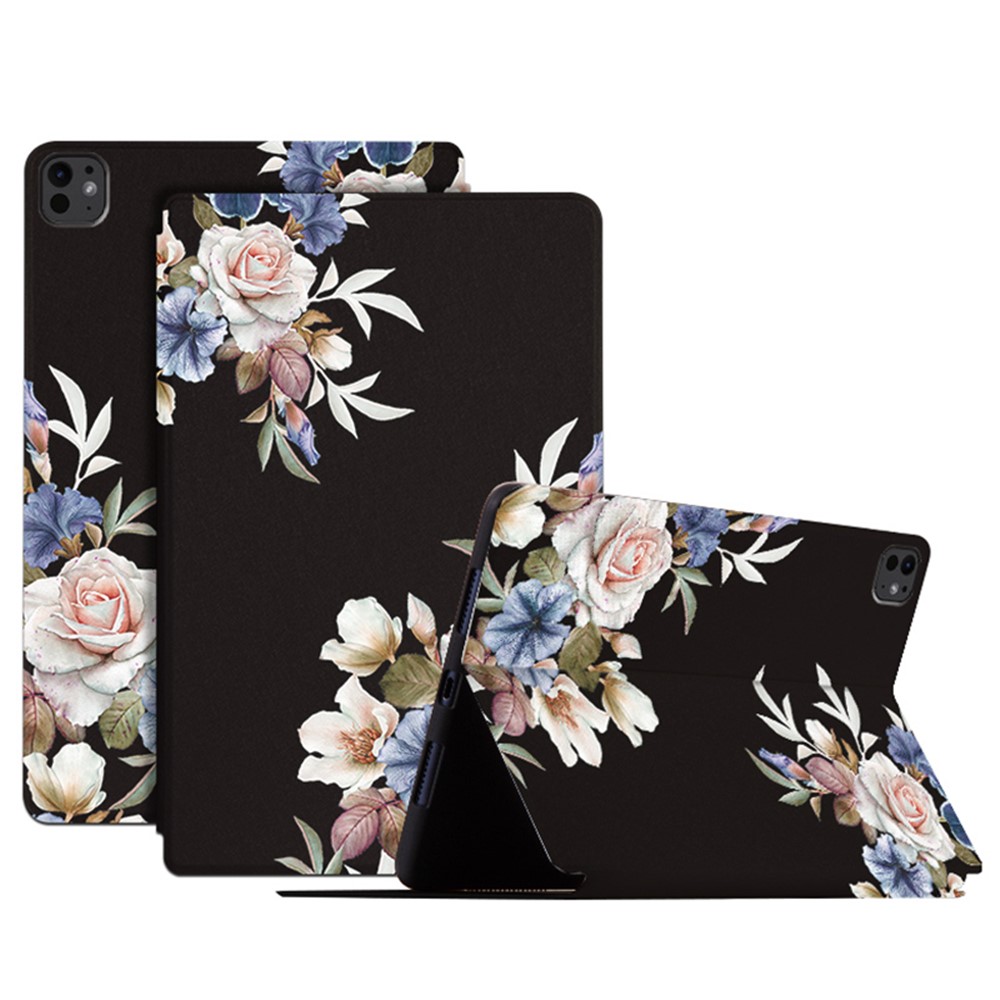 For iPad Pro 11 (2025) / 11 (2024) Case Flower Pattern Flip Stand Leather Smart Tablet Cover - Black Flower Bush