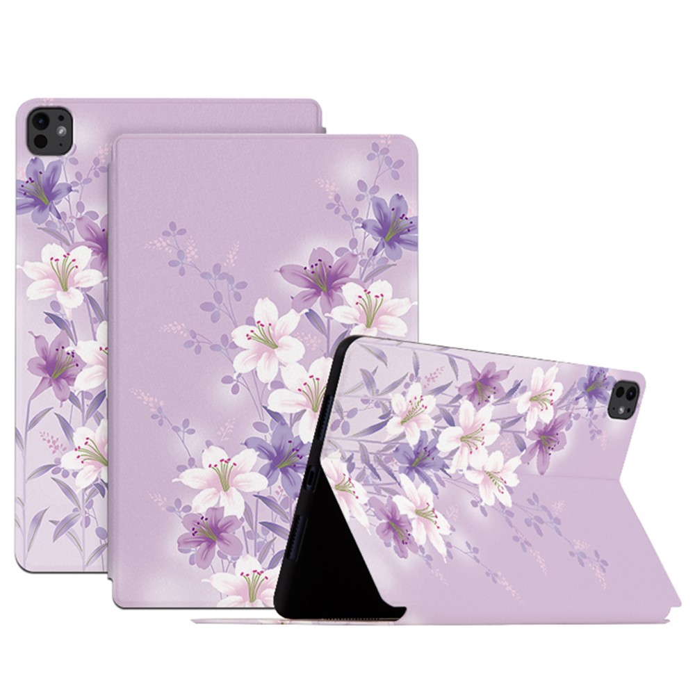 For iPad Pro 11 (2025) / 11 (2024) Case Flower Pattern Flip Stand Leather Smart Tablet Cover - Purple Magnolia