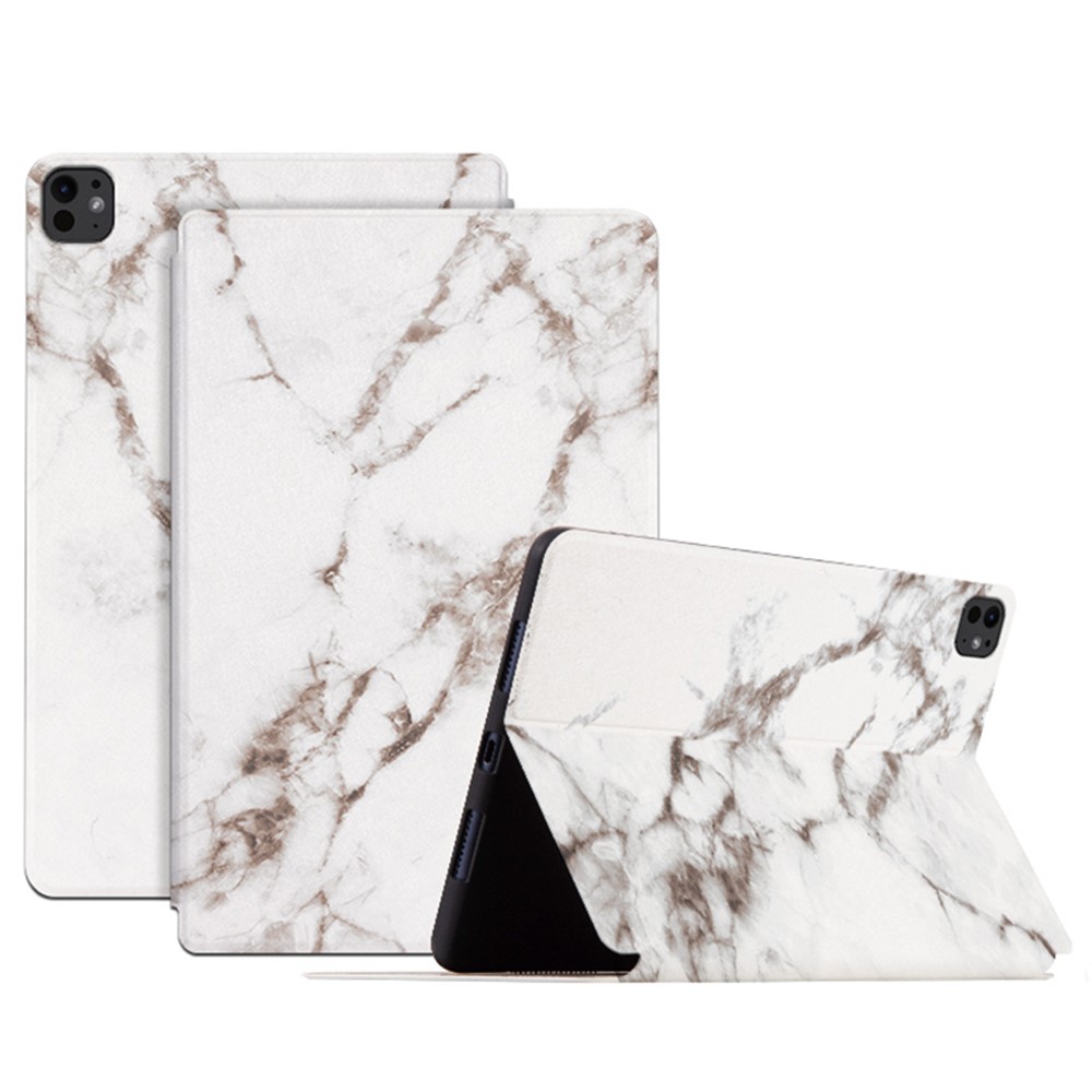 For iPad Pro 11 (2025) / 11 (2024) Case Pattern Print PU Leather Tablet Flip Cover - White Marble