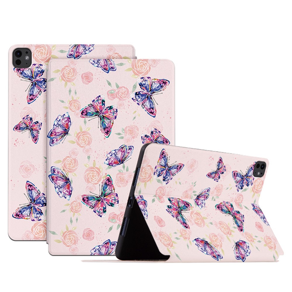 For iPad Pro 11 (2025) / 11 (2024) Case Butterfly Pattern PU Leather Smart Folio Tablet Cover - Rose Butterfly