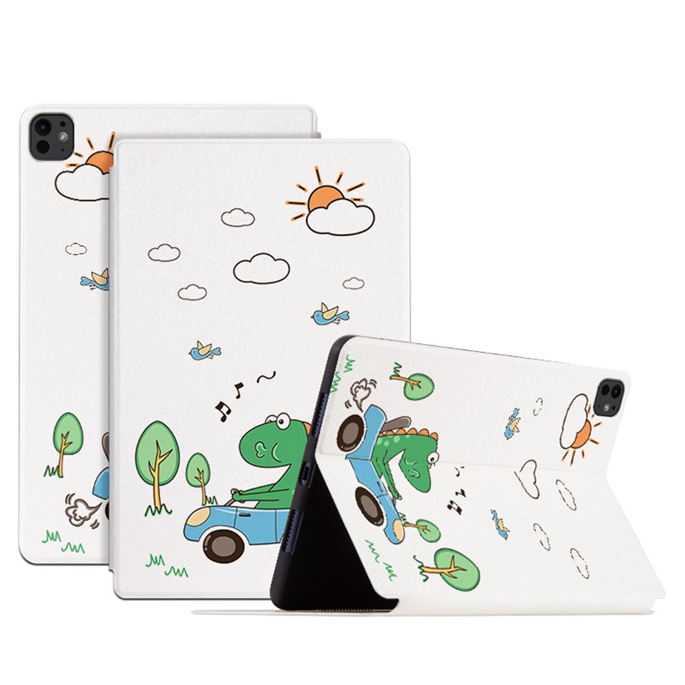 For iPad Pro 11 (2025) / 11 (2024) Case Cute Cartoon Pattern PU Leather Smart Flip Tablet Cover - Driving Dinosaur