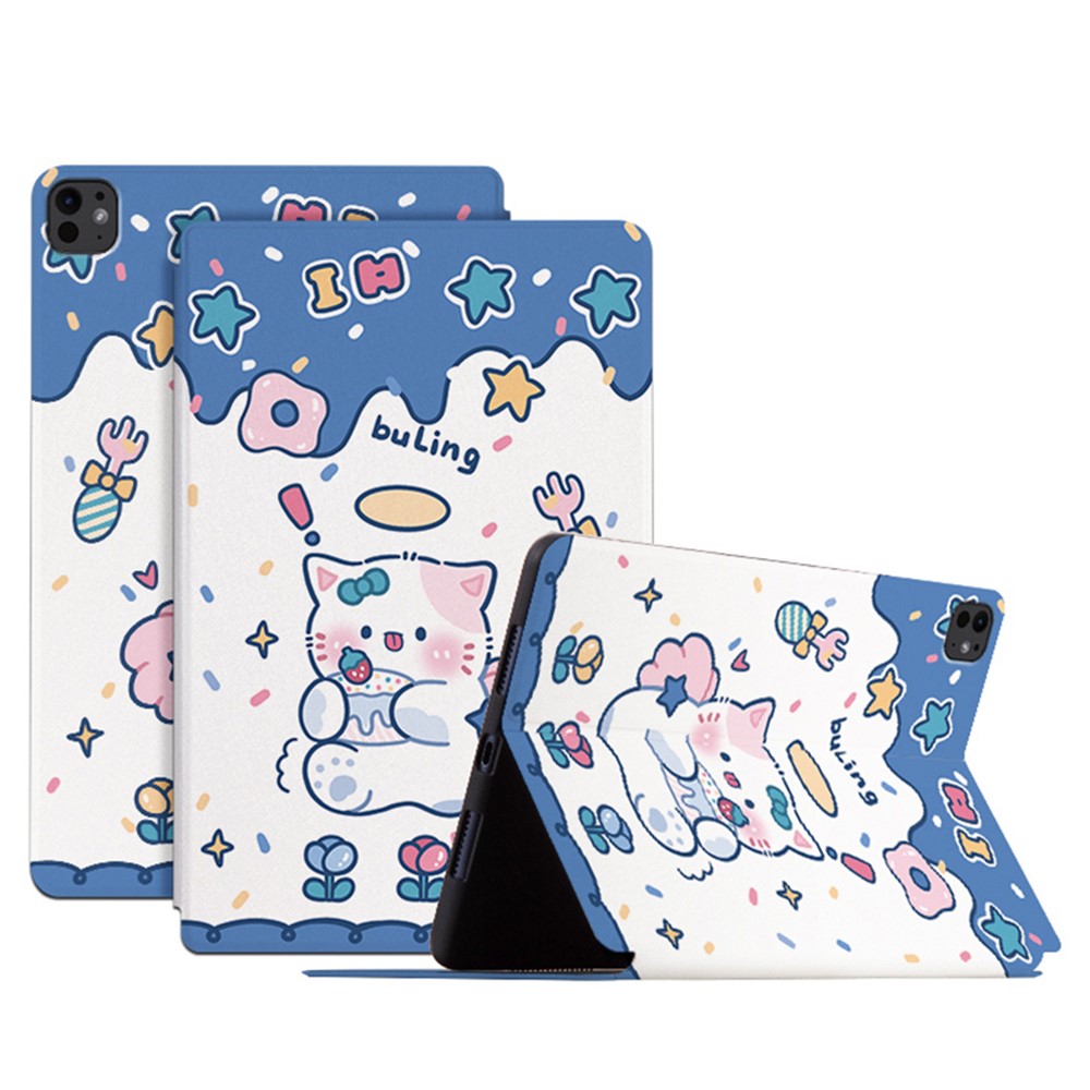 For iPad Pro 11 (2025) / 11 (2024) Case Cute Cartoon Pattern Print PU Leather Tablet Cover - Angel Cat