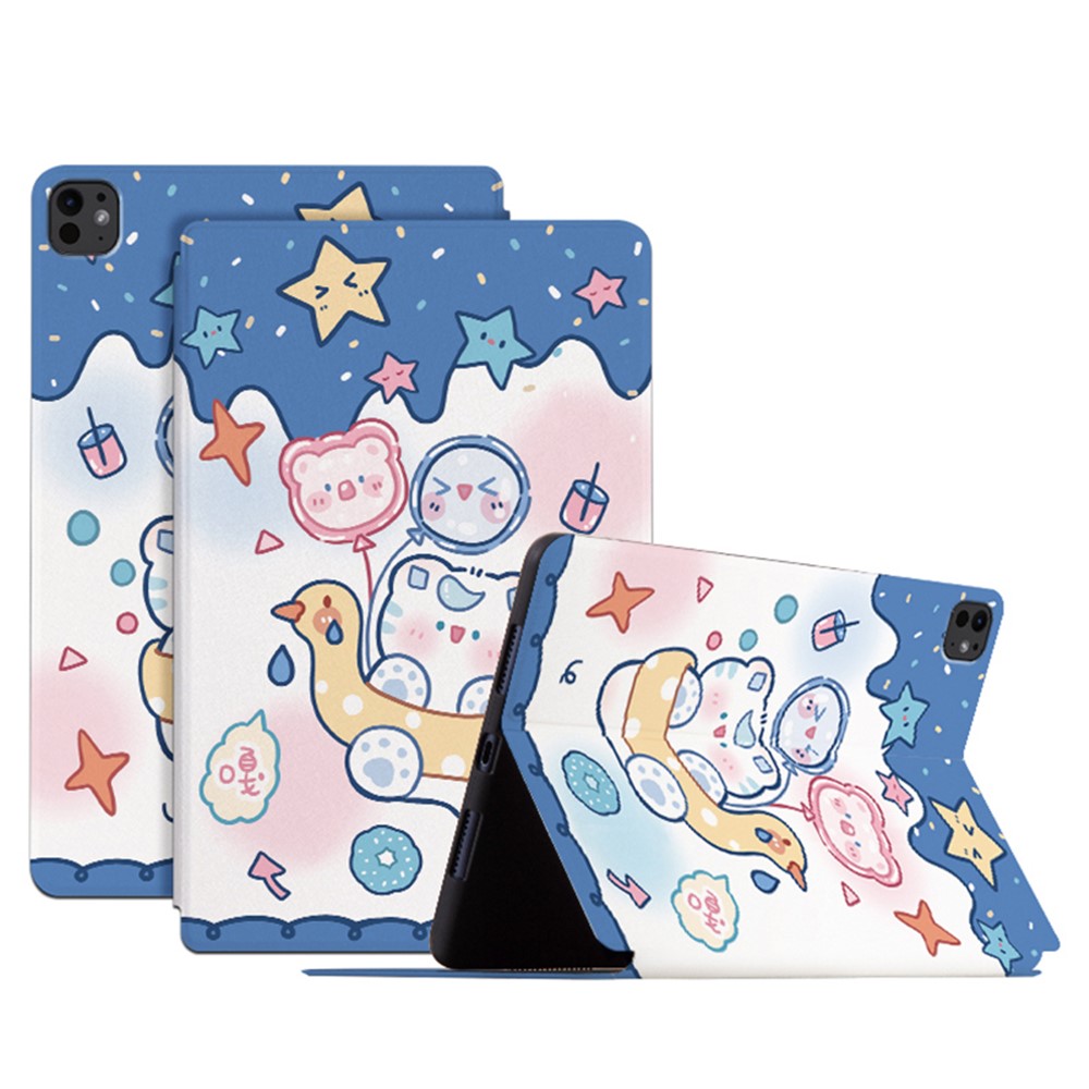 For iPad Pro 11 (2025) / 11 (2024) Case Cute Cartoon Pattern Print PU Leather Tablet Cover - Swimming Cat