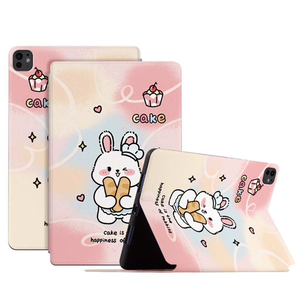 For iPad Pro 11 (2025) / 11 (2024) Case Cute Cartoon Pattern Print PU Leather Tablet Cover - Happy Rabbit