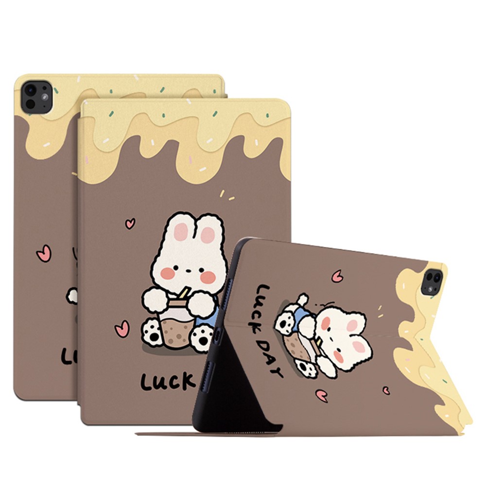 For iPad Pro 11 (2025) / 11 (2024) Case Cute Cartoon Pattern Print PU Leather Tablet Cover - Milk Tea Rabbit
