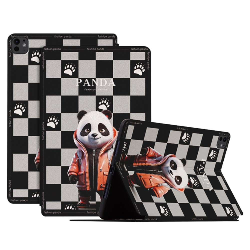 For iPad Pro 11 (2025) / 11 (2024) Case Panda Pattern PU Leather Tablet Cover with Folding Stand - Checkered Panda