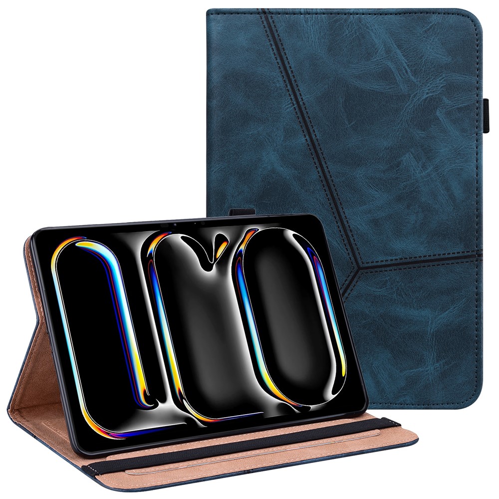 For iPad Pro 11 (2025) / 11 (2024) Case PU Leather Line Imprinted Shockproof Tablet Cover with Elastic Band - Blue