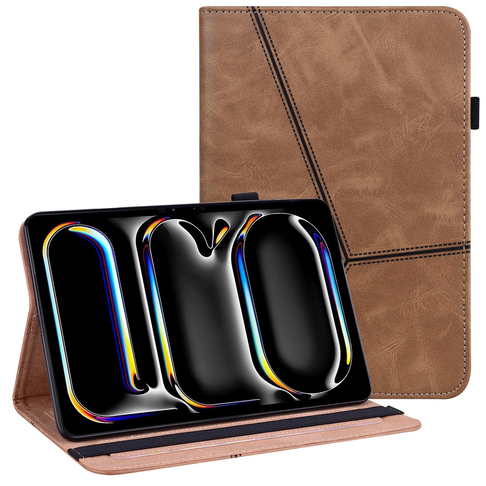 For iPad Pro 11 (2025) / 11 (2024) Case PU Leather Line Imprinted Shockproof Tablet Cover with Elastic Band - Brown