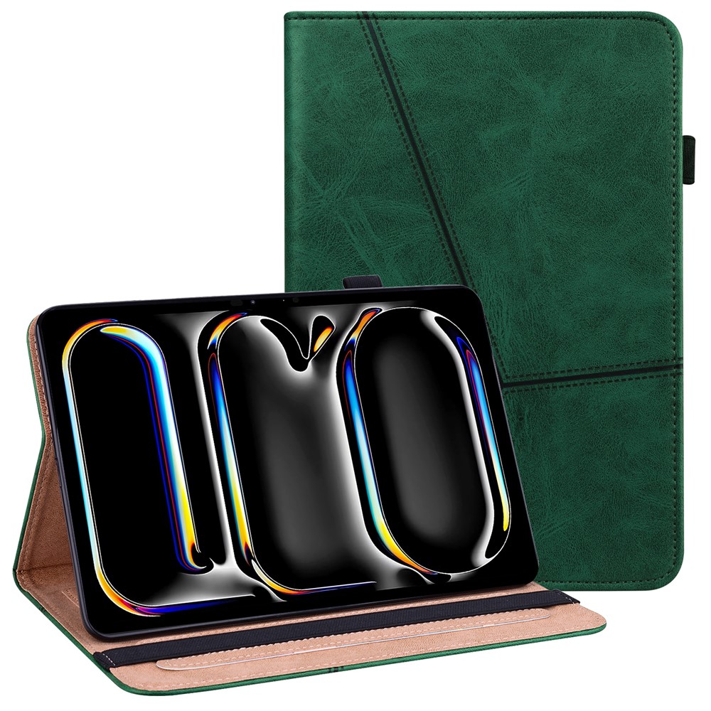 For iPad Pro 11 (2025) / 11 (2024) Case PU Leather Line Imprinted Shockproof Tablet Cover with Elastic Band - Green