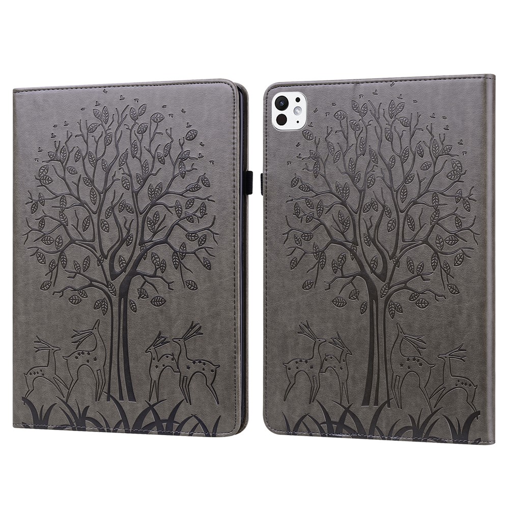 For iPad Pro 11 (2025) / 11 (2024) Case PU Leather Stand Tree Deer Pattern Tablet Cover with Card Slots - Grey