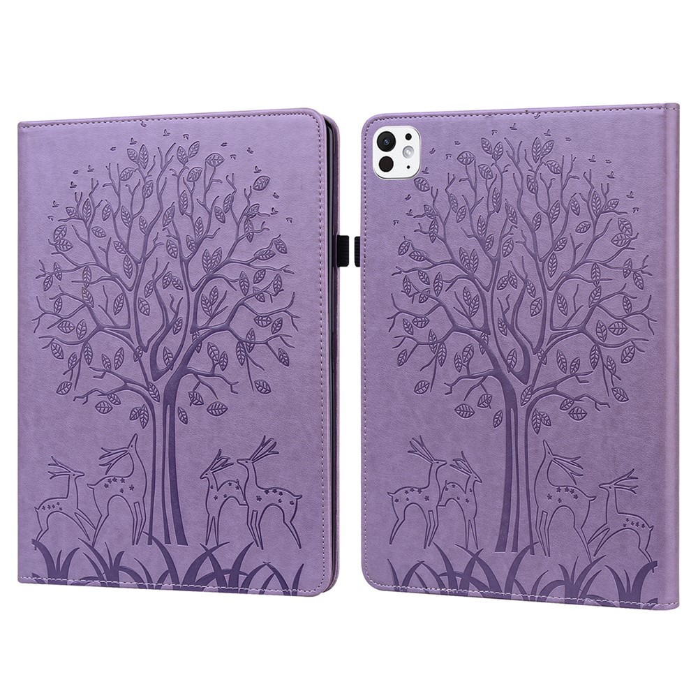 For iPad Pro 11 (2025) / 11 (2024) Case PU Leather Stand Tree Deer Pattern Tablet Cover with Card Slots - Purple
